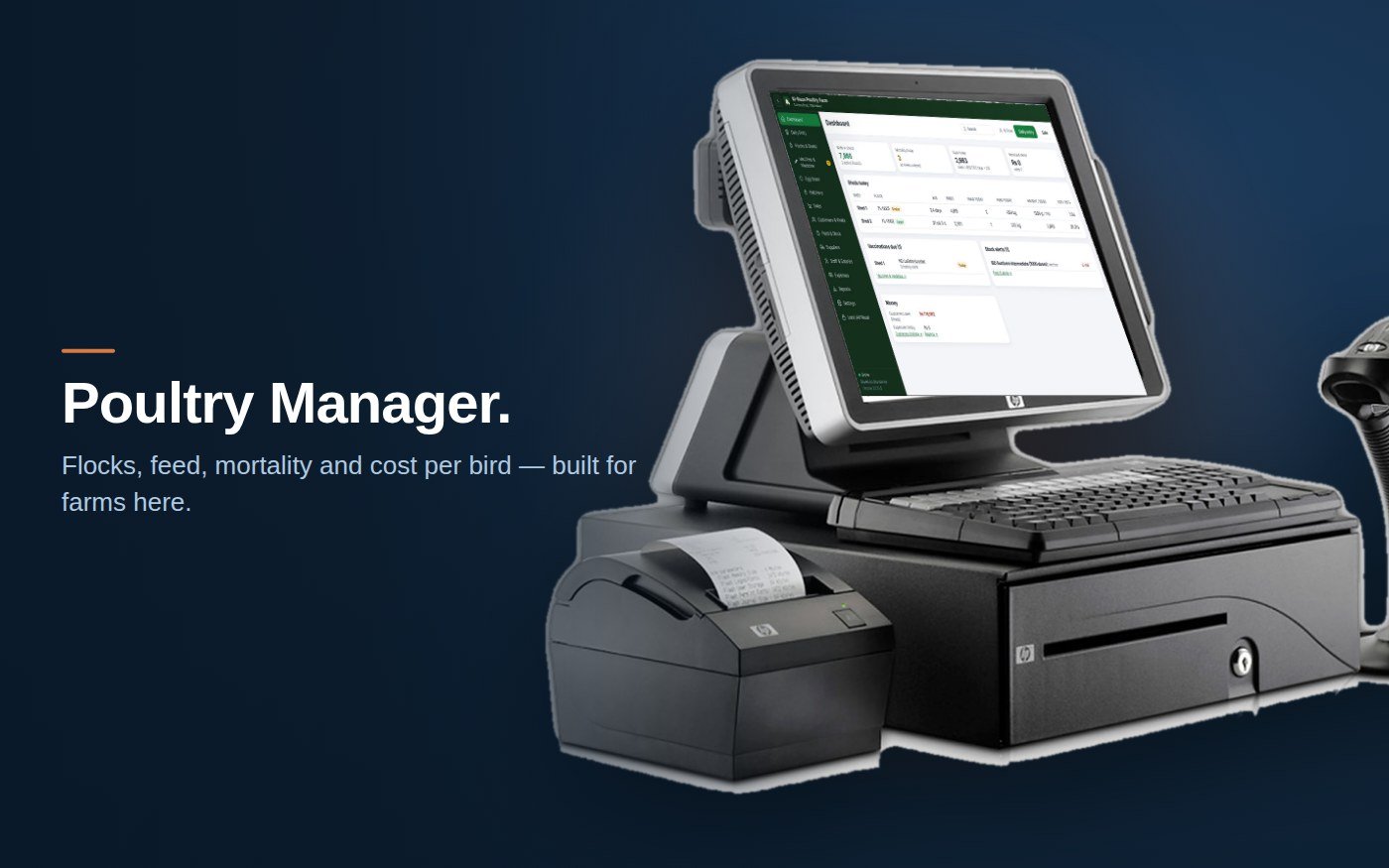 Poultry Manager running on a counter terminal - flocks, feed, mortality and cost per bird