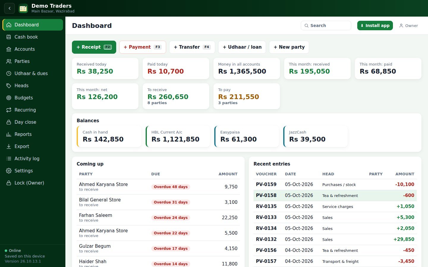 Accounts Book dashboard on PC