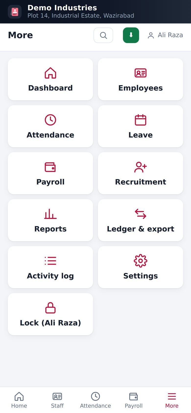 All menus on phone